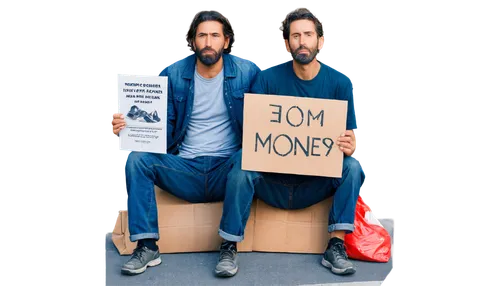 Homeless person, dirty clothes, worn-out shoes, messy hair, beard, tired eyes, sitting on street corner, holding a cardboard sign, begging for money, morning sunlight, shallow depth of field, warm col