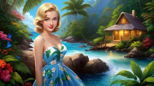 Romantic masterpiece oil painting, cute girl portrait, nostalgic 1950's style kitsch, vibrant rainforest landscape, lush tropical jungle paradise, summer beach cottage scenery, by Thomas Kinkade, by B