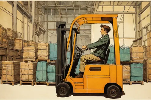 forklift,forklift truck,warehouseman,fork lift,fork truck,pallet jack,forklift piler,logistic,pallet transporter,stevedore,logistics,truck driver,vehicle transportation,ford cargo,parcel service,cargo car,supply chain,freight transport,warehouse,delivery truck,Illustration,Retro,Retro 19