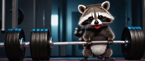 raccoon, gym, weightlifter, muscular, solo, (2yo), cute detailed eyes, white fur, black mask, red tongue out, athletic wear, sweatband, dumbbells, barbell, weight plates, rubber mat, metallic equipmen