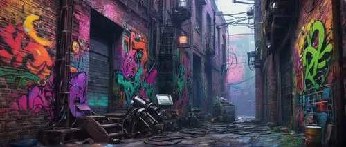 alleyway,alley,graffiti,graffiti art,colorful city,slum,alley cat,cyberpunk,blind alley,urban,world digital painting,abandoned place,laneway,old linden alley,narrow street,lost place,slums,urban art,urban street art,abandoned places,Art,Artistic Painting,Artistic Painting 39