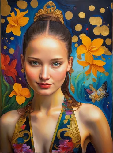 , Sfumato and chairoscuro Painting, girl look like jennifer lawrence with mona lisa smile in the face, long hairs flying in the space like birth of venus, best quality, picking exotic flowers, marigol