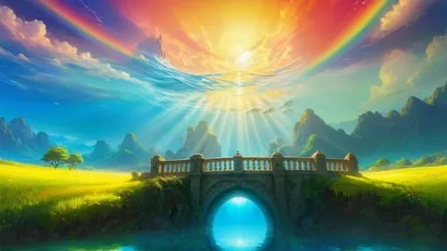 rainbow on the sky, reflection in the waters,the painting depicts an arch in the sky with sunray,rainbow bridge,heaven gate,fantasy landscape,fantasy picture,bifrost,sunburst background