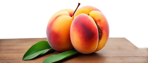 Ripe free peach, juicy flesh, soft skin, green leaves, wooden table, natural lighting, shallow depth of field, warm color tone, 3/4 composition, still life, realistic texture, macro shot.,two peaches 