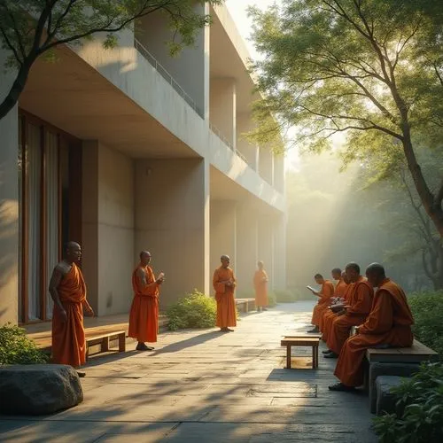 Modern monastery, peaceful atmosphere, concrete structure, clean lines, minimalistic, geometric shapes, natural light pouring through large windows, simple wooden furniture, monks in traditional robes