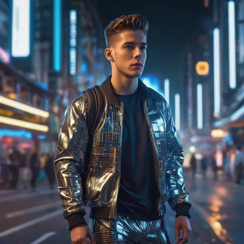 justin bieber,city lights,leather jacket,neon lights,believer,jacket,citylights,windbreaker,pedestrian,bolero jacket,a pedestrian,billboard,billionaire,on the street,leather,futuristic,handsome model,model-a,cyberpunk,advertising clothes,Photography,General,Sci-Fi