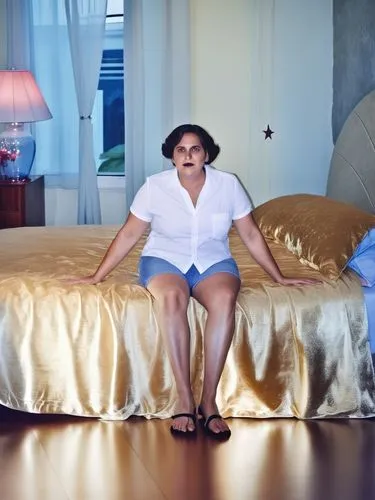 a lady that is sitting on a bed,devito,neistat,mattress,hila,hotel man,goertzel,Photography,General,Realistic