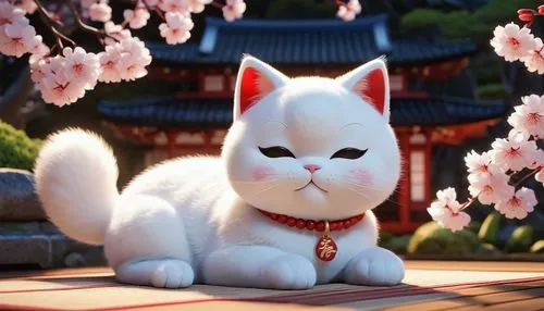 chinese pastoral cat,white cat,blossom kitten,lucky cat,flower cat,kitsune,cute cat,akita inu,japanese bobtail,cute cartoon character,white blossom,cartoon cat,cat kawaii,ori-pei,sakura mochi,jiji the cat,oriental,chinese imperial dog,auspicious,japanese sakura background,Unique,3D,3D Character