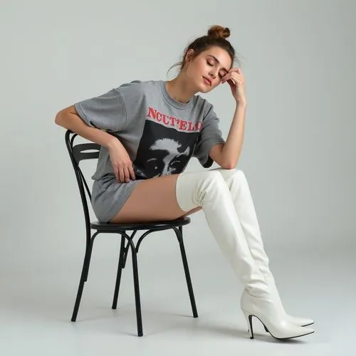 The woman in the image is seated on a black metal chair with a minimalist design. Her posture is relaxed but deliberately arranged for visual effect. She leans slightly to her right, with her right el