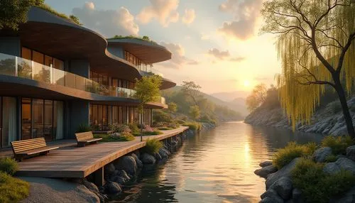 house by the water,futuristic landscape,houseboats,floating huts,asian architecture,fantasy landscape,world digital painting,houseboat,shaoming,house with lake,teahouse,fallingwater,waterside,home landscape,3d rendering,japan landscape,river side,floating island,render,shangri,Photography,General,Realistic