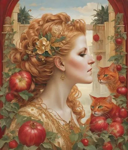 persephone,woman eating apple,girl in a wreath,red apples,fantasy portrait,titania,Digital Art,Impressionism