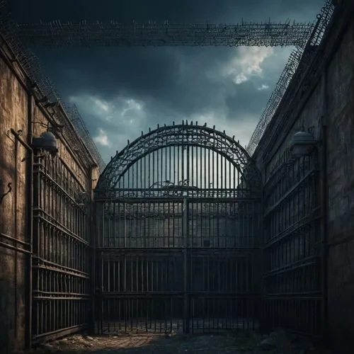 A prison seen from afar,a dark alley with a tall gate with birds on the top,reformatory,penitentiary,prison,penitentiaries,asylum,incarcerate,Photography,General,Fantasy