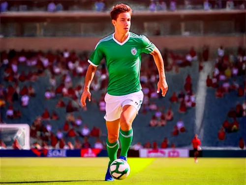 Male soccer player, athletic build, short hair, determined facial expression, sweaty skin, green jersey, white shorts, shin guards, cleats, running pose, kicking ball, stadium background, sunny day, d