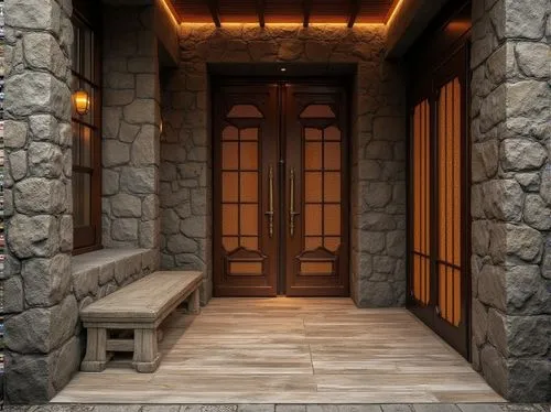 Rough stone walls, weathered wooden planks, rusty metal accents, glossy glass facades, intricate tile patterns, natural fiber textiles, woven bamboo screens, reclaimed wood flooring, distressed concre