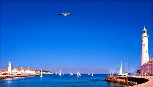 Seaside port, daytime, sunny weather, clear blue sky, sailboats, yachts, cargo ships, lighthouses, piers, wooden docks, ropes, anchors, seagulls flying overhead, gentle ocean waves, warm lighting, pan