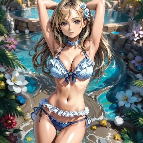 frilly bikini, Stacey keibler, thicker and taller,a  woman in a bathing suit standing next to a pool,nami,mashima,sophitia,yuanji,gyaru,shanna,Anime,Anime,General