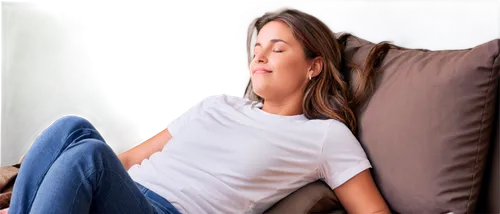 Relaxing girl, lying down, soft cushions, gentle smile, closed eyes, peaceful face, messy brown hair, casual wear, plain white t-shirt, sweatpants, bare feet, crossed legs, morning sunlight, warm ligh