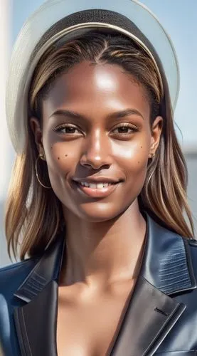 woman face model,  brunette, suit, sides, angular cheekbones,  Strong and angular mandibule, big smile, Modern sport,a young woman wearing a black jacket, hat, and black dress,monifa,mayhle,malia,diba