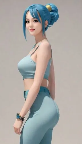 3d  rendered model poses in a blue outfit,smurf figure,3d figure,bulma,3d model,mini figuka,lum