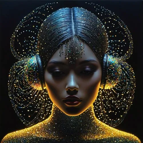 afrofuturism,oshun,mystical portrait of a girl,gemini,telepath,precognition,Illustration,Abstract Fantasy,Abstract Fantasy 20