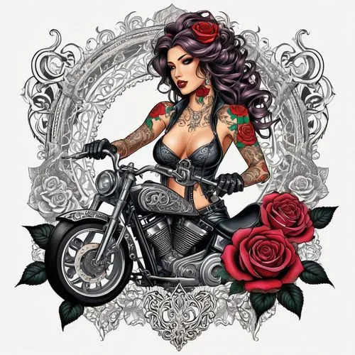 valentine pin up,biker,harleys,rockabilly style,tattoo girl,harley davidson,valentine day's pin up,rockabilly,panhead,motorcyle,viveros,motorcyclist,motorcycle,floral bike,motorcycles,pin up girl,harley,watercolor pin up,dyna,motorbike,Illustration,Black and White,Black and White 03