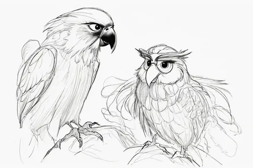 Write a humorous dialogue between Kakazu and a wise-cracking sidekick,couple macaw,line art birds,parrots,bird couple,couple boy and girl owl,owls,hawks,birds of prey,parrot couple,passerine parrots,p