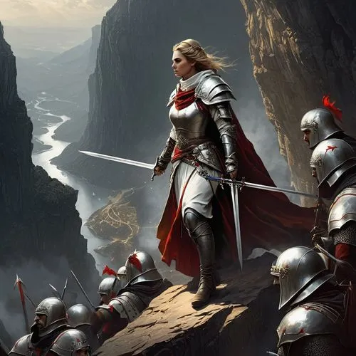 Templar queen  on the edge of the precipice, motivating his soldiers to fight. Below, his subjects should also be raising their swords in respect to their king.,guards of the canyon,heroic fantasy,joa