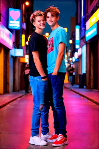 Brotherly love, two boys, embracing, gentle smile, bright eyes, messy hair, casual wear, jeans, t-shirts, sneakers, warm lighting, soft focus, cinematic composition, shallow depth of field, heartwarmi