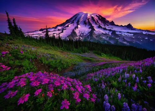 mount rainier,mt rainier,mount hood,mt hood,purple landscape,alpine flowers,alpine meadow,mountain meadow,mountain sunrise,splendor of flowers,rainier,alpine meadows,beautiful landscape,washington state mt st helens,mountain landscape,mount saint helens,splendid colors,landscapes beautiful,field of flowers,alpine sunset,Conceptual Art,Fantasy,Fantasy 16