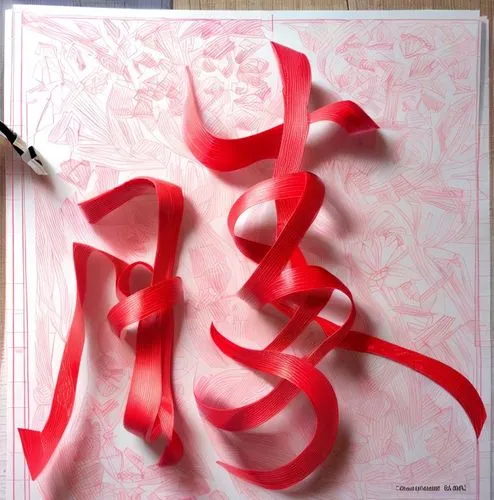 The font is made of red ribbons and has a white background. No extra decorative patterns are needed. Only the light and shadow relationship is needed to highlight the structure.,calligraphies,calligra