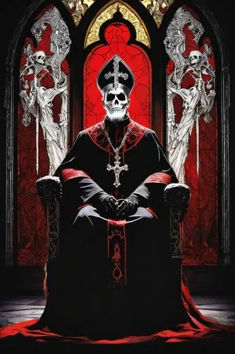 Papa Emeritus, demonic pope, old man, white hair, long beard, evil eyes, red robes, golden accessories, ornate throne, dark background, mysterious atmosphere, eerie lighting, gothic architecture, stai