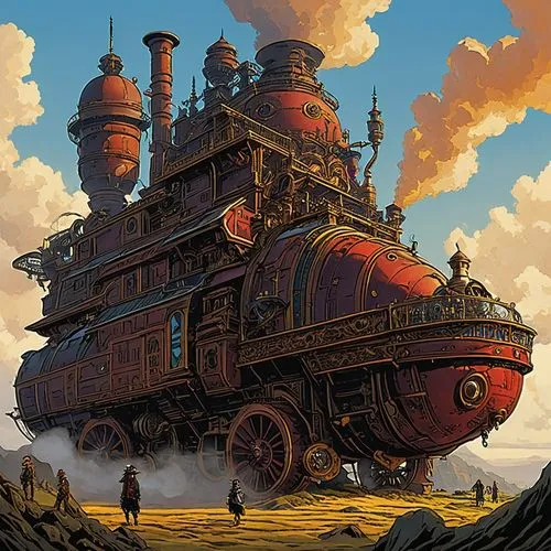 merchant train,locomotive,train wagon,the train,ghost locomotive,old train,train,steampunk,wooden train,train of thought,siegbahn,steamboy,train car,train engine,locomotiv,sedensky,eisenbahn,ghibli,last train,studio ghibli,Illustration,Japanese style,Japanese Style 05