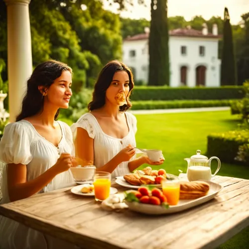 two women sit at an outside table and eat some food,catering service bern,habanera,garden breakfast,garden dinner,orangerie,filoli