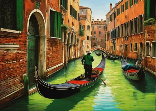 gondolier,italian painter,venezia,grand canal,venice,gondolas,venetian,gondola,hallia venezia,diving gondola,lombardy,burano,italy,art painting,oil painting on canvas,veneto,canals,italia,venetian lagoon,boat landscape,Illustration,Realistic Fantasy,Realistic Fantasy 06