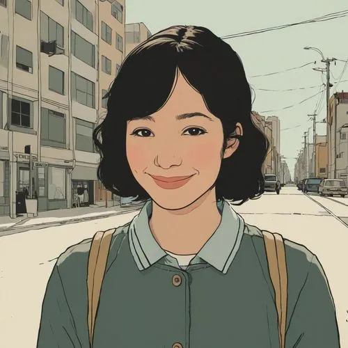 Show me situations where you are smiling brightly,a female in green shirt and backpack in street,mikiko,tatsuro,ozu,hiroko,mari makinami,mitsuko,mitsuhiro,takahata,mieko,takiko,josei,mabuchi,nodame,ch