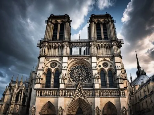 Medieval Europe, Gothic cathedral, intricate stone carvings, ribbed vaults, flying buttresses, stained glass windows, grandiose entrance, tall spires, ornate facades, Notre Dame-inspired, Parisian lan