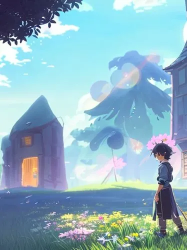 A wizard in front of an old house on a spring day with flowers and fairies,studio ghibli,mushroom landscape,dandelion hall,violet evergarden,blooming field,little girl in wind,springtime background,dr