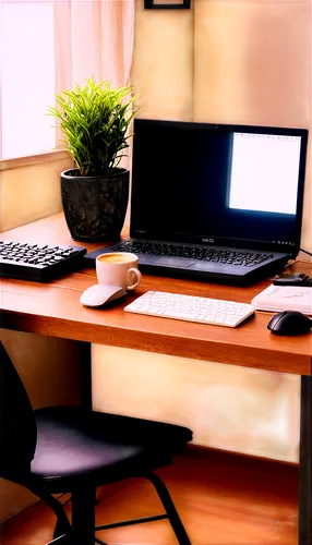 Old computer, desktop, wooden table, messy wires, free video bank website, downloaded videos folder, mouse, keyboard, coffee cup, notes, relaxed posture, morning light, soft focus, warm color tone, sh