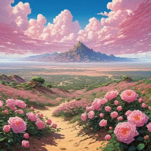 flowerful desert,landscape rose,blooming field,flower field,dune landscape,desert landscape,desert desert landscape,landscape background,coral pink sand dunes,sea of flowers,pink sand dunes,japanese sakura background,field of flowers,flower background,flowers field,pink beach,bougainvilleans,fantasy landscape,rosewall,free land-rose,Illustration,Japanese style,Japanese Style 05