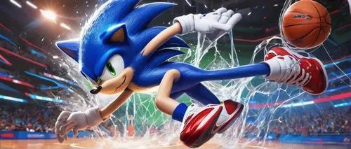 Sonic the Hedgehog, athletic pose, blue spikes, green eyes, white gloves, red sneakers, dynamic movement, sweat droplets, intense facial expression, basketball in hand, dribbling, jumping, slam dunkin