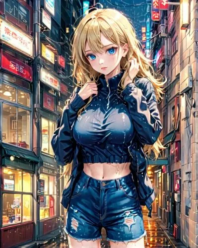 4K anime style, digital drawing mode, 
sexy alluring Slavic woman standing in a busy Tokyo city street at night, soaking wet
hands behind head holding hair
sweater unzipped
heavy rain falling
wet nake