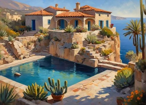 mediterranean,pool house,holiday villa,home landscape,hacienda,roof landscape,palmilla,house by the water,palizzi,provencal,summer cottage,portofino,casitas,world digital painting,mediterrean,idyllic,kalkan,villa,oasis,private house,Conceptual Art,Oil color,Oil Color 22