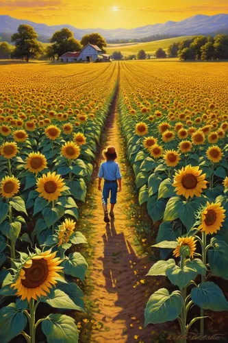 sunflower field,sunflowers,sun flowers,flower field,sunflower paper,sunflowers in vase,blooming field,helianthus,sunflower,yellow garden,dandelion field,helianthus sunbelievable,field of flowers,flowers field,daffodil field,sun flower,oil painting on canvas,dandelion meadow,yellow grass,sun daisies,Illustration,American Style,American Style 07