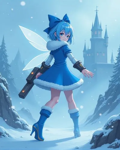 Cirno, blue hair, tomboy, sassy smile, large blue hair bow, fuzzy hood attached to blue and white battle leotard, ice cristal fairy wings, blue high-heeled, ankle-length boots, technological bracelet,