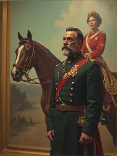 Count Karl stands at attention in front of the impressive equestrian portrait of his respectable African-born but Prussian girlfriend, Colonel-General Viktoria-Louise von Manteuffel.,an elderly man dr