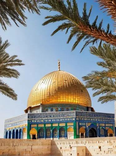 Dome of the Rock, Jerusalem architecture, golden dome, ornate Islamic patterns, intricate Arabic calligraphy, white marble exterior, octagonal shape, 67 feet high, grandeur, majestic, morning sunlight