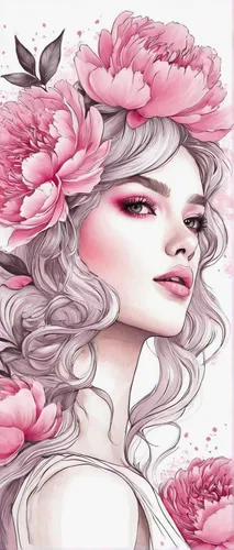 Free Profile Of A Young Girl With Peonies In Her Hair. Hand Drawn Vector Fashion Illustration In Pink Color. Female Portrait Of Magic Stock Photos - 101860553,pink floral background,rose flower illust