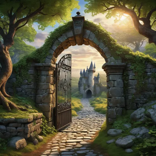 farm gate,heaven gate,gateway,iron gate,gate,fantasy landscape,wood gate,fantasy picture,the threshold of the house,hobbiton,background with stones,archway,the mystical path,victory gate,city gate,pathway,entry forbidden,tori gate,druid grove,cartoon video game background,Conceptual Art,Daily,Daily 24
