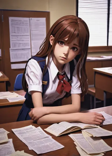 girl studying,detention,tutor,tutoring,librarian,examination,scholar,study room,homework,academic,mikuru asahina,kotobukiya,to study,the novel breaks,worried girl,reading,school starts,girl at the computer,paperwork,school desk,Illustration,Retro,Retro 21