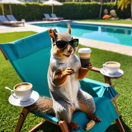  image of a squirrel, wearing "deal with it" glasses, lying down in a lawn chair with a coffee, next to a pool. Hot sunny california day, palms,relaxed squirrel,chilling squirrel,kopi luwak,squirell,r